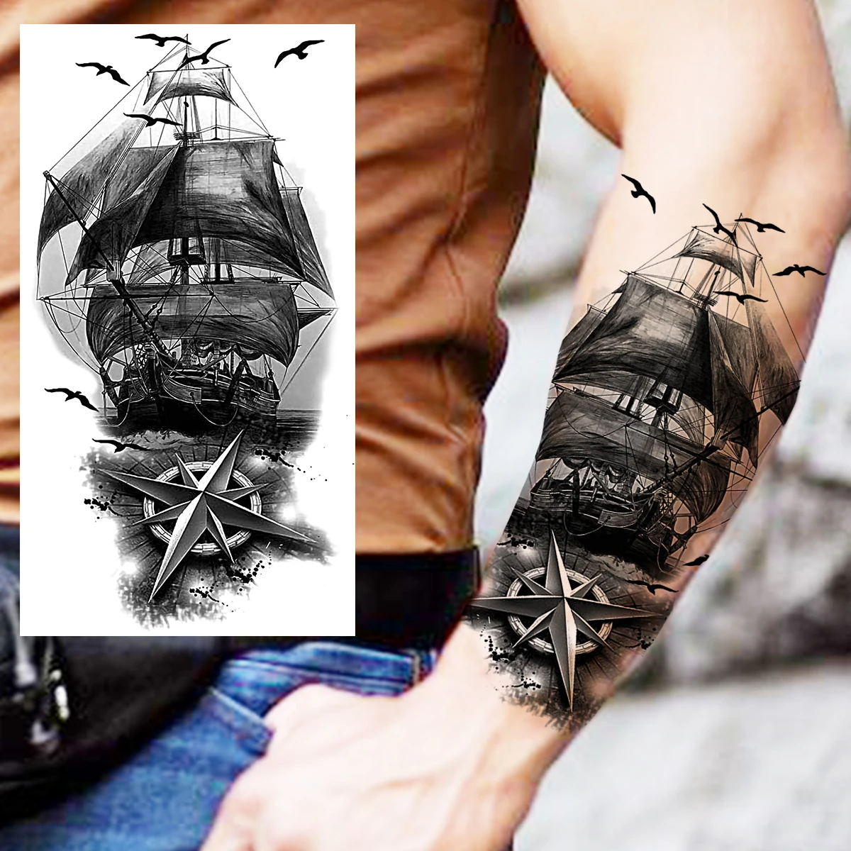 Tatouage Bateau Pirate Avant Bras Faux tatouage temporaire pour femmes et hommes, autocollant réaliste, bateau  de Vampire Pirate Lion samouraï, avant bras | AliExpress