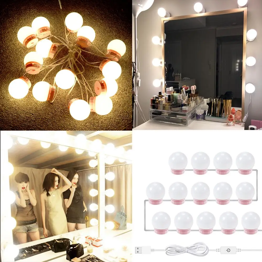 

Durable LED Makeup Mirror Light Bulb Hollywood Vanity Lights Stepless Dimmable USB Wall Lamp 6 10 14Bulbs Kit for Dressing Table