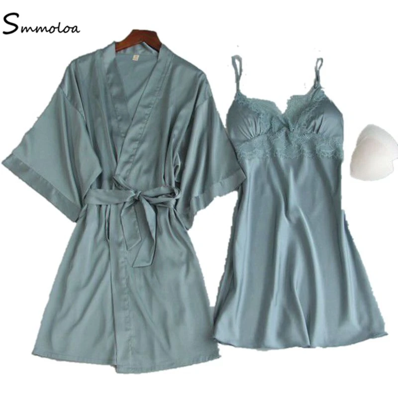 Smmoloa длинный рукав шелковый халат набор ночных рубашек