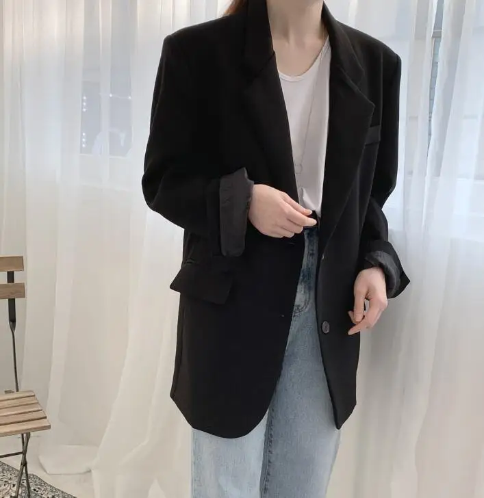 black blazer LISM корейский Блейзер, костюмы для женщин, одноцветные, с вырезами, свободный, длинный, Женский блейзер, пиджак+ ремень, Повседневный, широкие брюки, костюм, осенняя одежда - Цвет: black blazer