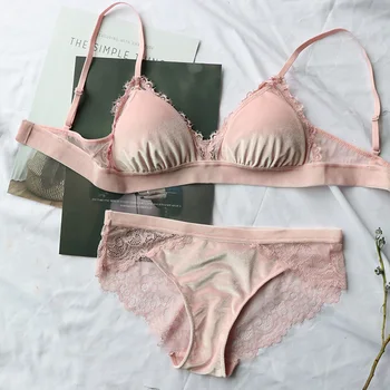 

Women Fashion Triangle Cup Wide Brim Brassiere Bra Set Push Up With Pants Velvet Lace Lingerie Breathable Soft Wire Free Padded