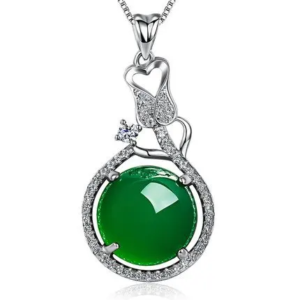 Silver inlaid natural chalcedony pendant spinach green egg noodles Necklace Necklace Charm