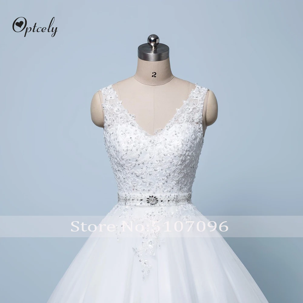 Optcely Vestido de Noiva элегантные цвета слоновой кости сексуальные с v-образным вырезом А-силуэта без рукавов Тюль с открытой спиной Свадебные платья с аппликацией бисером со шлейфом