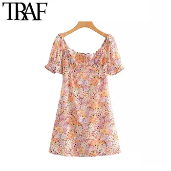 

TRAF Women Vintage Elegant Floral Print Back Elastic Mini Dress Fashion V Neck Short Sleeve Side Zipper Female Dresses Vestidos
