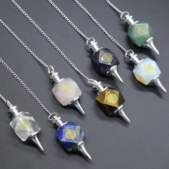

Reiki Natural Stones Symbol Pendulum Lapis Lazuli Engraved Energy Amulet Quartz Crystal Pendant Chain Healing Gem Stone Jewelry