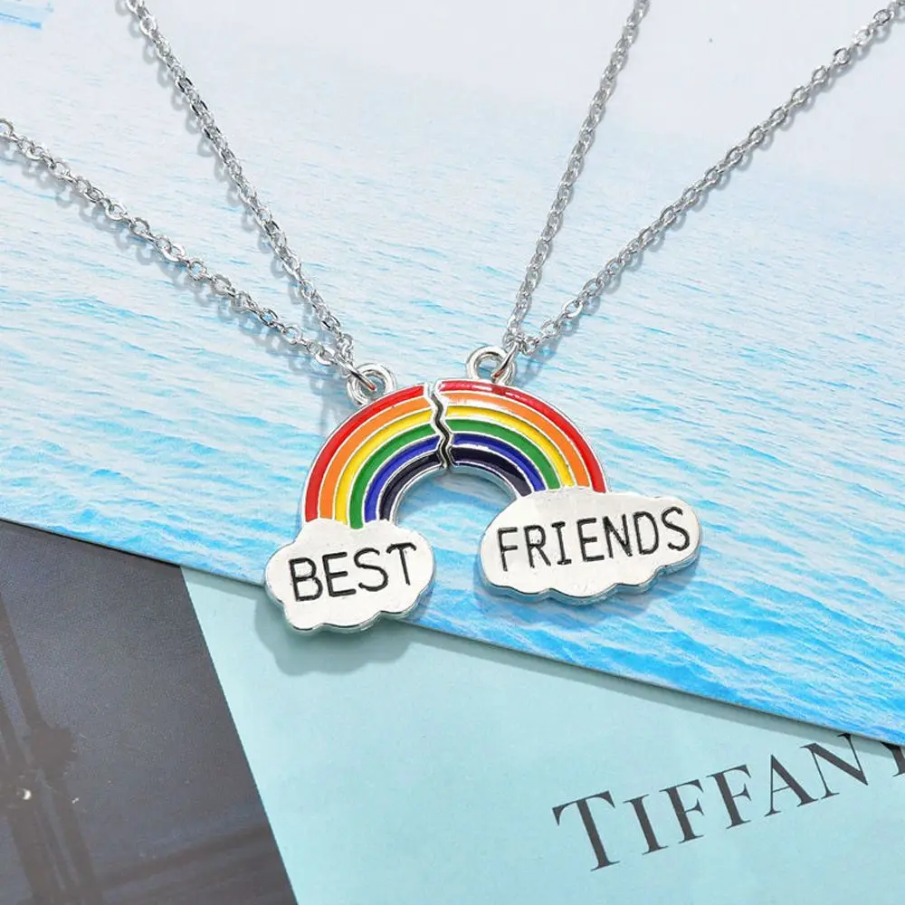 Fashion Best Friend Stitching Pendant Necklace for Female Broken Heart Drip Oil Rainbow Friendship Choker Chain | Украшения и