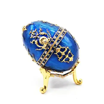 

Blue Faberge-Egg Hand Painted Jewelry Trinket Box Gift for Easter Home Decor A69F