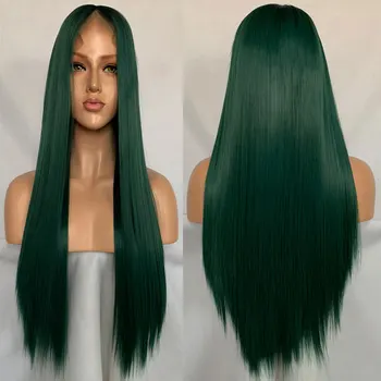 

BM Black Rooted Green Synthetic 13*6 Large Lace Front Wigs Straight Heat Resistant Fiber Hair Middle Parting For Women Daily Wig
