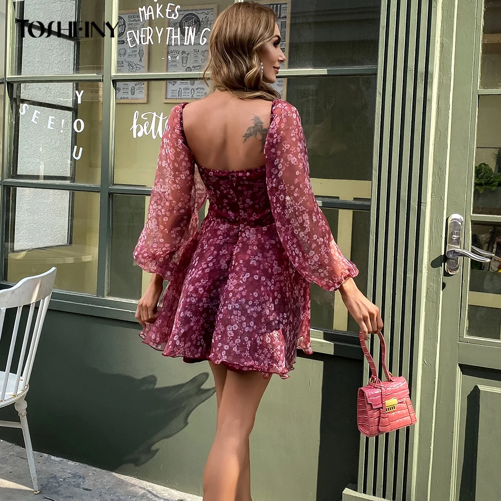 Tosheiny Bohemia A Line Mini Dresses Women Puffles Long Sleeve Floral Print Backless Beachwear Short Party Dress M01196