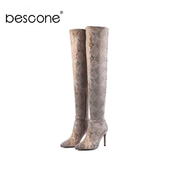 

BESCONE Handmade Women Knee-High Boots Casual Winter Warm Zipper Thin Heel Shoes Pointed Toe Super High Heel Lady Boots BY174