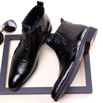 

2019 Men Oxford Boots Handmade Chelsea Boots Office Snake Pattern Genuine Cow Leather Men Fashion Ankle Boot Shoe
