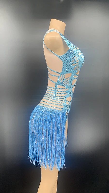 New Style Blue Rhinestone Fringe Spandex Bodysuit Women Dancer DS Party Wear Birthday Bar Singer Show Outfit brown bodysuit