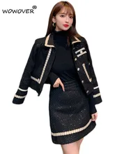 

Elegant Autumn Winter Tweed Suits for Women 2022 Spring Outfits Turn Down Collar Sequined Woolen Jacket with Skirt Dress Set
