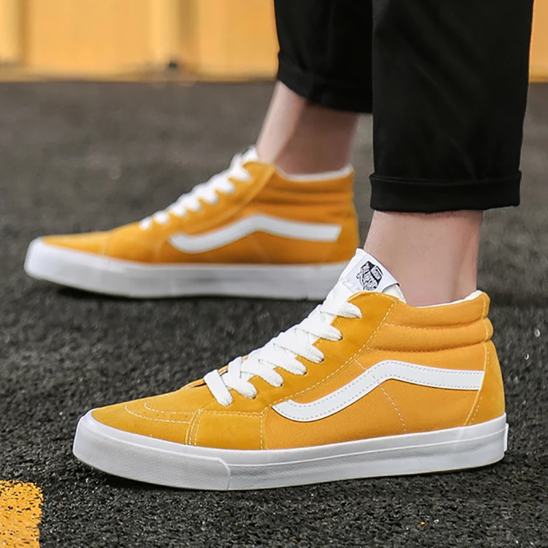 FONIRRA New Spring Autumn Unisex Casual Flats Shoes Men Walking Canvas Shoes Mid Top Couple Lace-up Sneakers 361 - Цвет: Yellow