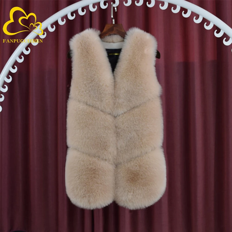 Faux Fur Coat Autumn Winter Women  Fashion Casual Warm Slim Sleeveless Long Faux Fox Fur Vest Women Winter Pockets Jacket