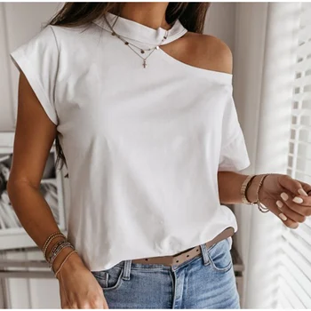 

Summer Solid Black White T Shirt Women One Shoulder Halter Short Sleeve Tshirts Female 2020 Casual Streetwear T-Shirt Ladies