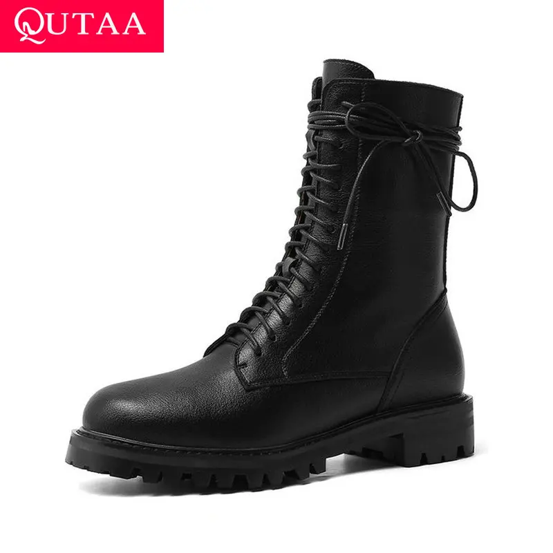 

QUTAA 2020 Autumn Lace Up Winter Zipper New Round Toe Ankle Boots PU+Leather Elegant Square Med Heel Women Shoes Size 34-43