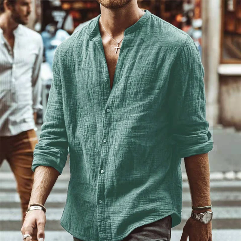 Camisa lisa informal para hombre, Tops suaves de manga larga cuello vuelto, ropa de Retro, primavera otoño|Camisas informales| - AliExpress