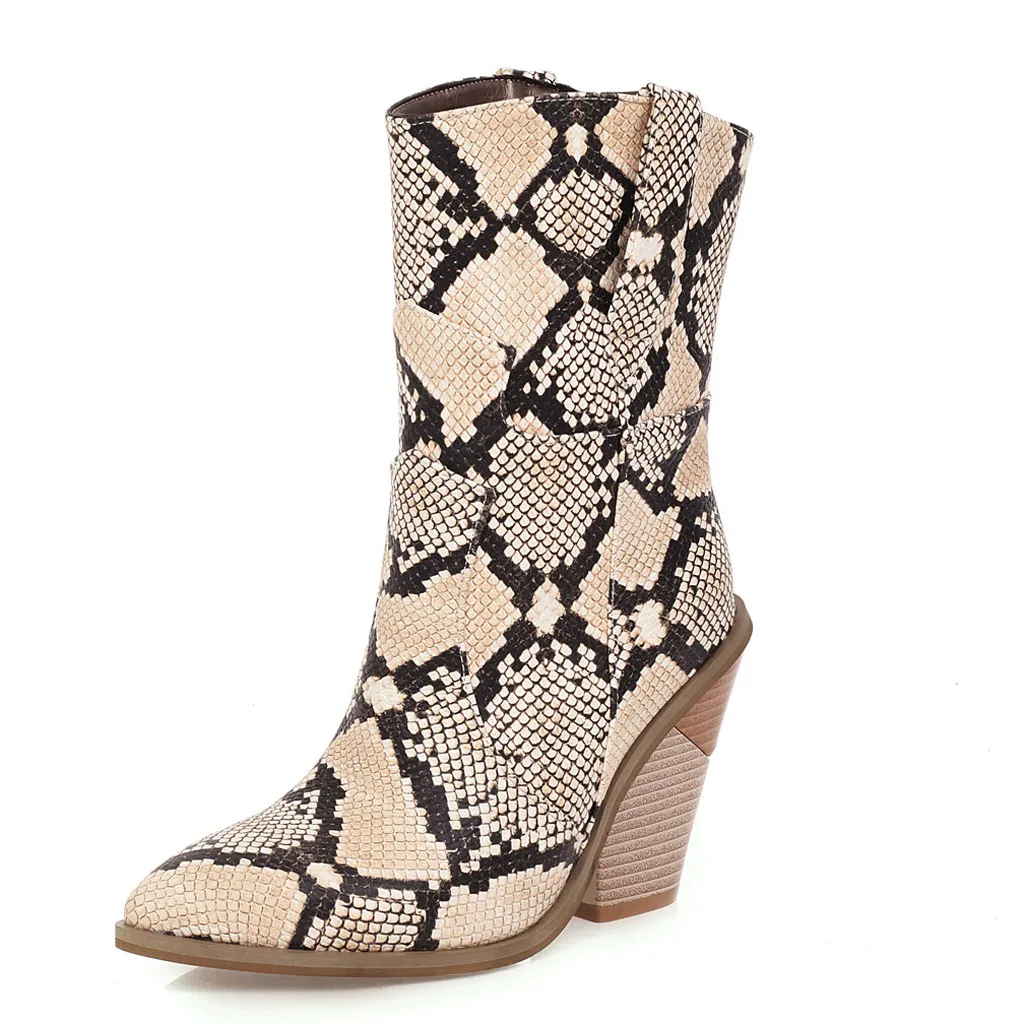 autumn Winter new Womens Leather Snake Print Wedges Shoes Pointed Toe Cowboy Slip-On Boots high heel boots women boots#O19