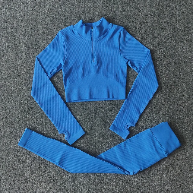 Seamless Women Yoga Set Workout Sportswear Gym Clothing Zipper Long Sleeve High Waist Leggings Fitness Bra Athletic Sports Suits LongShirtsPantsBlue