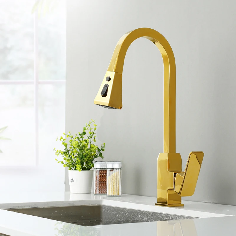 Kitchen Faucets Gold Single Handle Pull Down Kitchen Tap Single Hole Handle Swivel 360 Degree Sink Faucet Hot and Cold Mixer Tap