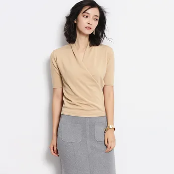 

2020 new ladies casual cotton V-neck short sleeve t-shirt gray