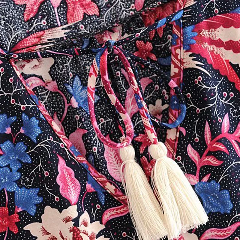 Boho шикарное летнее винтажное мини-платье с цветочным принтом и птицами для женщин модное платье с v-образным вырезом и кисточками на шнуровке пляжный платье vestidos mujer