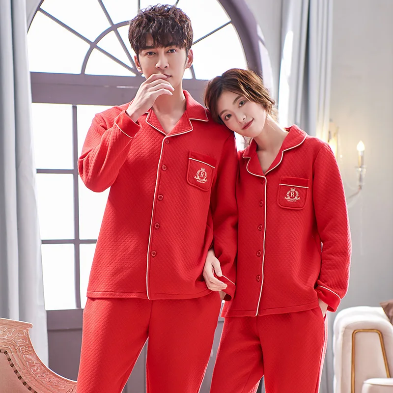 wedding-festive-red-colour-quilted-pajamas-for-couples-female-warm-pyjamas-thicken-100-cotton-pajamas-set-winter-leisure-wear