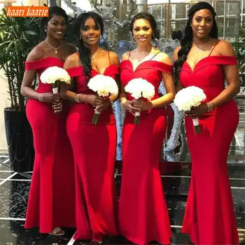 

African Red Mermaid Bridesmaid Dresses Off Shoulder Floor Length Long Wedding Party Gowns Spaghetti Straps Maid of Honor Dress