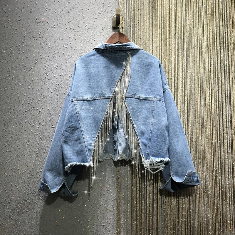 2020 spring Light Blue Denim Pockets Diamonds Tassel Short Cropped Jacket Women Free Size Loose Coat 2020 spring Light Blue Denim Pockets Diamonds Tassel Short Cropped Jacket Women Free Size Loose Coat