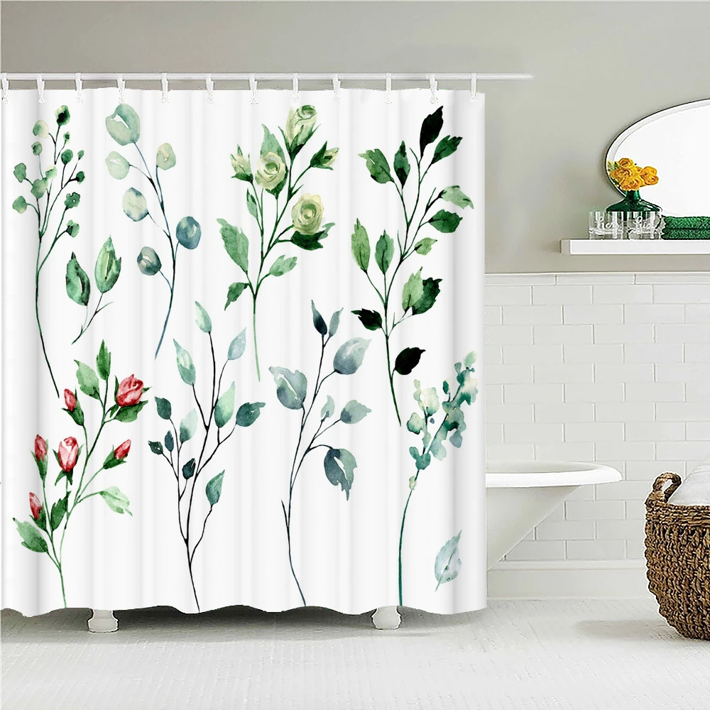 Cortina de ducha con diseño de flores y hojas para baño, visillo de tela de poliéster, impermeable, para decoración de bañera, color verde fresco, 180x180cm|Cortinas de ducha| - AliExpress