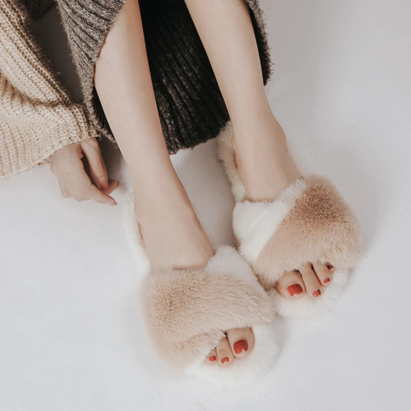 

Winter Flat Fur Slippers For Women House Flat Shoes Bedroom Warm Plush Elegant Fuzzy Womens Fluffy Fur Slides