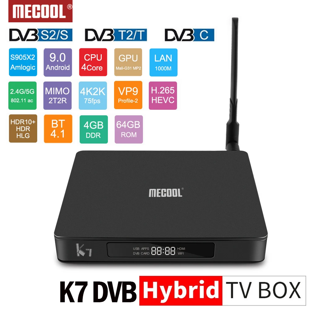 MECOOL K7 DVB tv Box, Android 9,0 DVB-S2 DVB-T2/T DVB-C 4 Гб DDR4+ 64 ГБ Amlogic S905X2 четырехъядерный 2,4/5G wifi Bluetooth 4,1