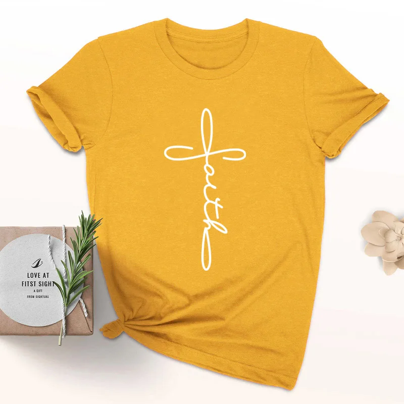 gold tee white text Крест вера футболка для христианина Hipster Религия церковь Иисус футболка со слоганом Графический эстетическое Библии вера Lover гранж Топы И Футболки - Цвет: gold tee white text