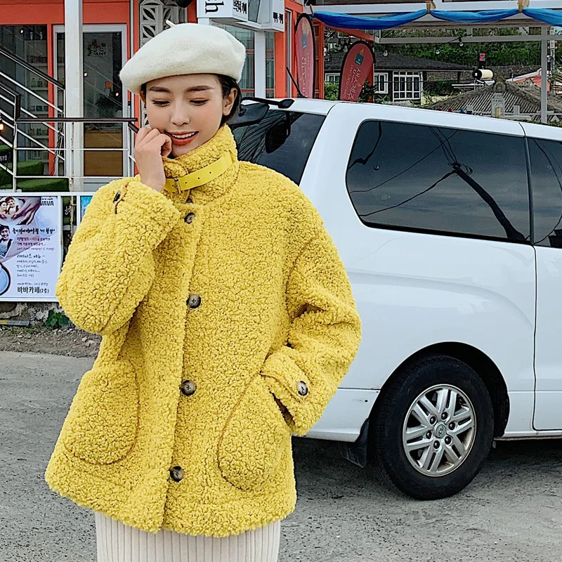 

Lambs Wool Coat Women's Short 2019 Winter New Style Korean-style Loose-Fit Granule Woolen Jacket down Feather Cotton-padded Clot