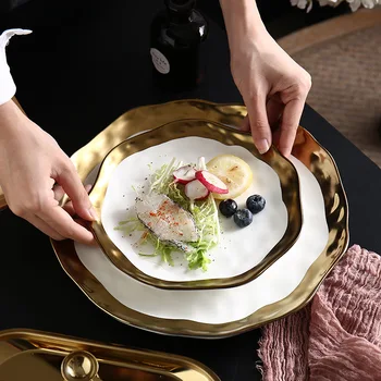 

Luxury Gold Edge Serving Star Restaurant Phnom Penh Breakfast Plate Steak Dessert Tableware Salad Fish Big Dish White Black