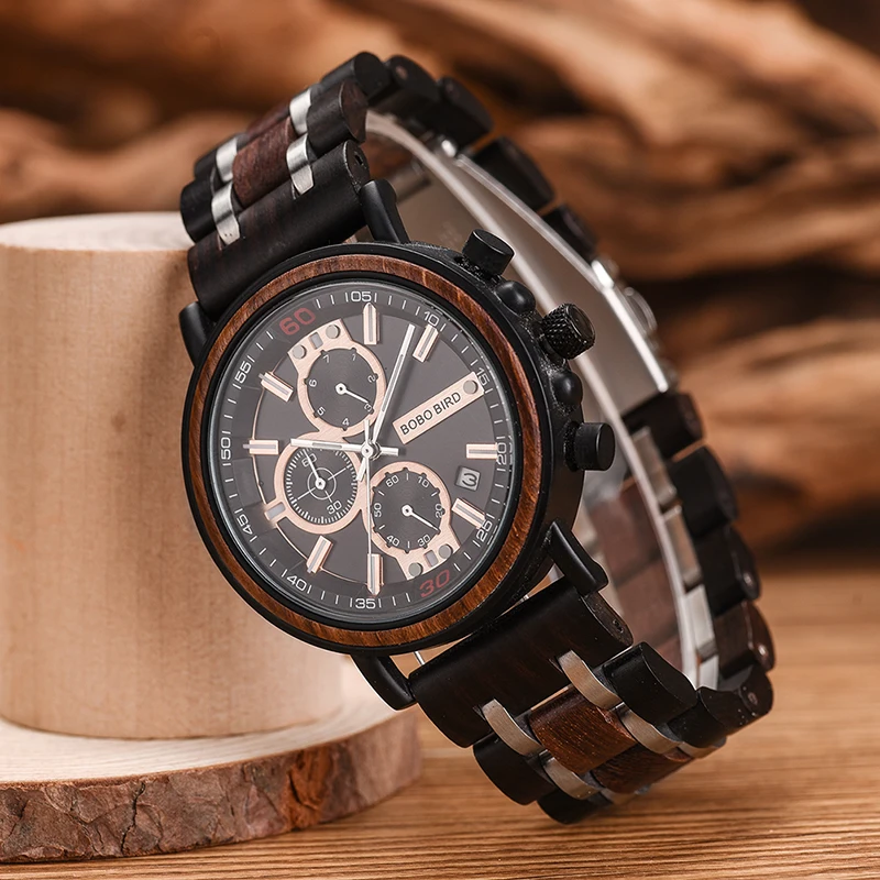 Бренд BOBO BIRD reloj hombre деревянный стальной ремешок Хронограф Дата Показывает светящиеся иглы в деревянной подарочной коробке