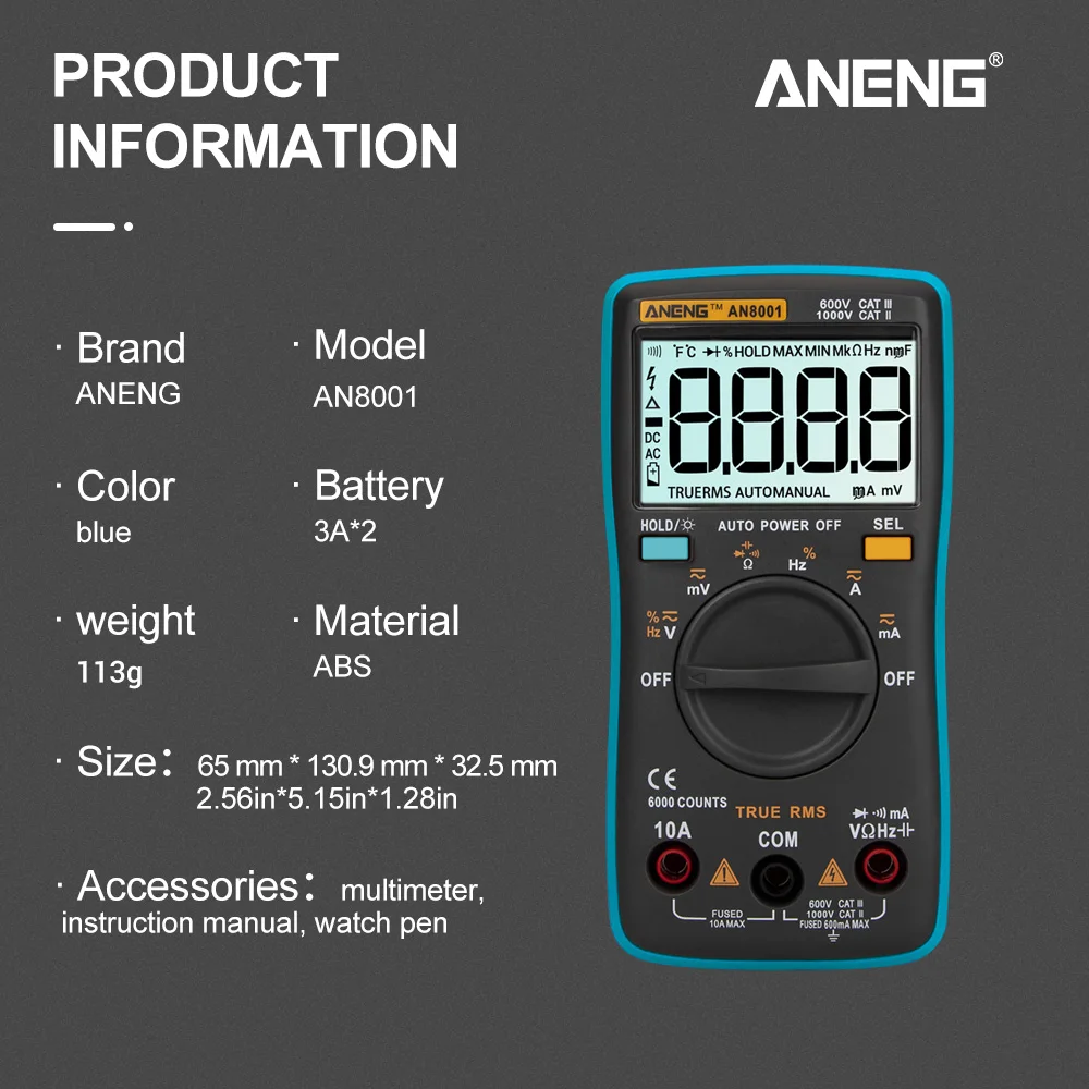 Инструмент ANENG AN8001 True-RMS Автоматический диапазон цифровой мультиметр AC/DC Амперметр напряжения измеритель тока Измерение температуры