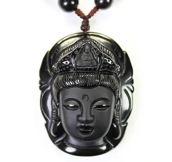 

LETSFUN Fine Jewelry Handmade natural Obsidian Buddha head Goddess of Mercy Pendant necklace Free Shipping
