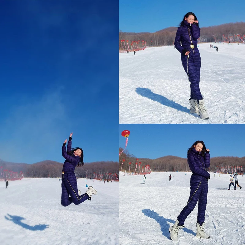 Duck Down One Piece Ski Suit Women Snow Overalls Mountain Skiing Jumsuit Super Warm Winter Ski Jacket Pants Breathable Snow Set