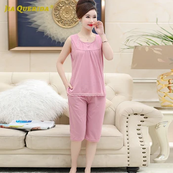 

New Casual Style Crew Neck New Pj Set Pink Top Pink Pants Sleeveless Casual Style Capris Fashion Style Pajamas Set Sleepwear