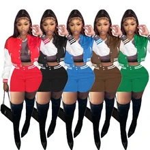 RStylish Winter Street Two Piece Set Women Fashion Color Matching Baseball Uniform Jacket Shorts Sports Suit