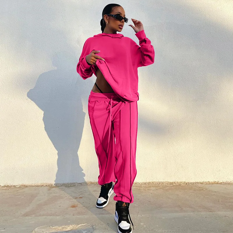 Hipster Design Y2K Women's Hoodies Two Piece Sets Hooded Long Sleeve Sweatshirt and Bright Line Decoretion Jogger Pant Tracksuit