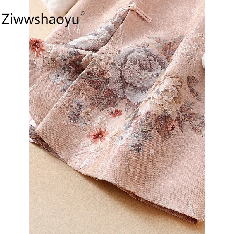 Ziwwshaoyu, винтажное осенне-зимнее жаккардовое пальто, верхняя одежда, женское длинное пальто с длинным рукавом и съемным меховым воротником