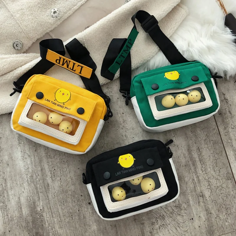 

Hot-selling Korean Retro Fashion Youth Canvas Chick Print Shoulder Messenger Bag With doll Small School Bag 4Y-18Y