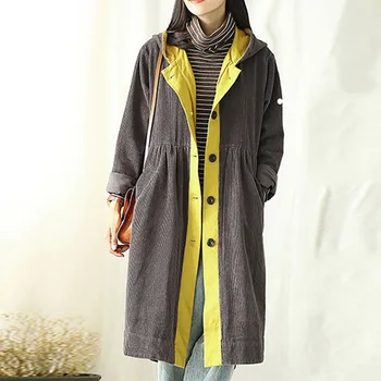 

Corduroy Coats Women's Solid Jackets 2020 Winter Autumn Stiching Button Long Windbreaker Female Hooded Casual Outwear Oversized