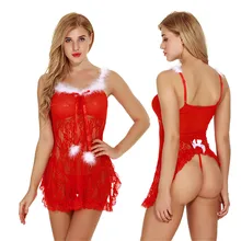 Сексуальное рождественское нижнее белье, ночная рубашка, нижнее белье для женщин, кружевное нижнее белье с ремешками, сексуальное стильное красное Эротическое ночное белье с трусиками
