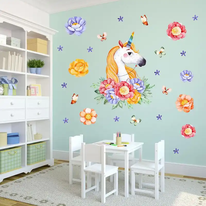 Unicorn Rainbow Flower Wall Stickers High Quality For Kids Rooms Girls Bedroom Nursery Decor Cartoon Animal Art Decortion Decals Aliexpress