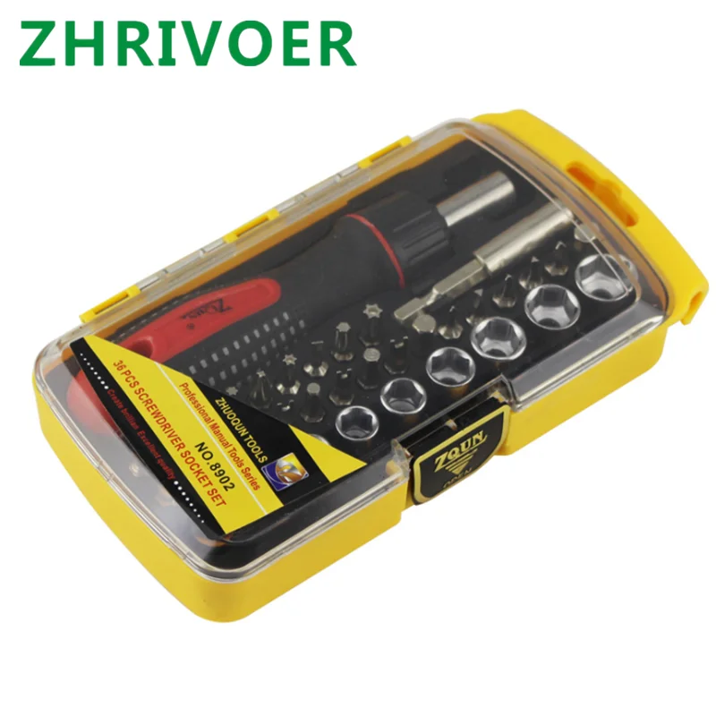 Multifunctional 36 in one sleeve combination set auto repair household tool three-way rotary ratchet folding rod screwdriver