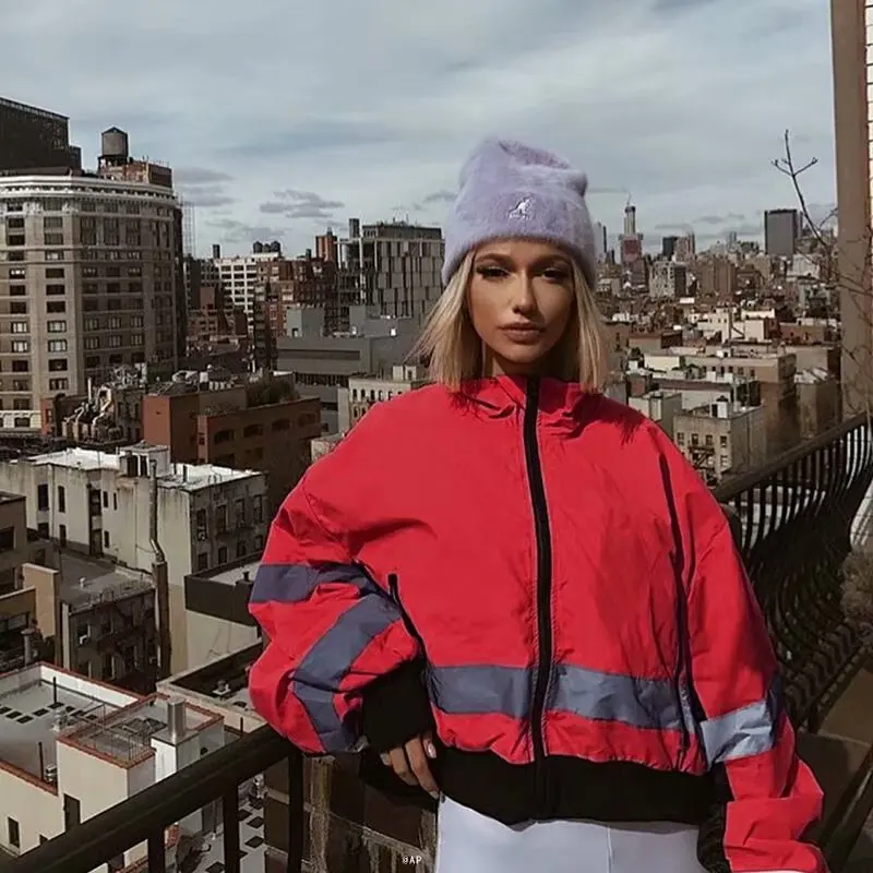 

Europe And America Paragraph INS Reds Street Style Fashionable Stickers Reflective Strips Loose-Fit Zip-up Jacket Boyfriend-Styl